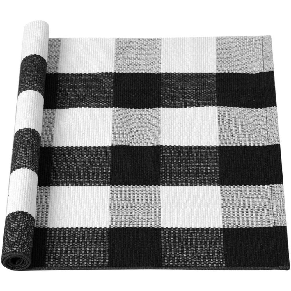 Plaid Outdoor Front Porch Rug Door Floor Mat Cotton Rugs 35"x24" Black & White